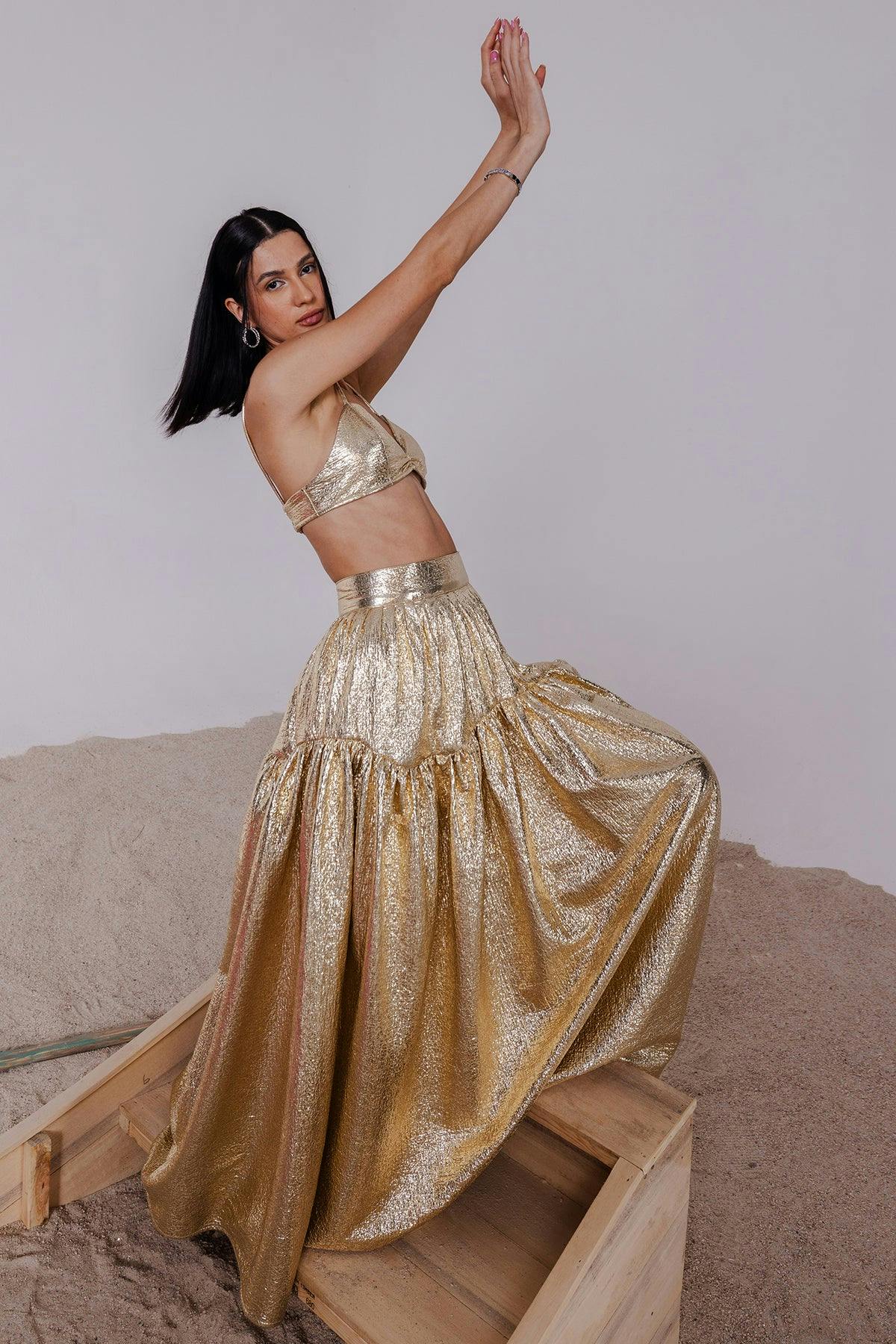 Thumbnail preview #4 for CAIA GOLD METALLIC BRALETTE & LONG SKIRT