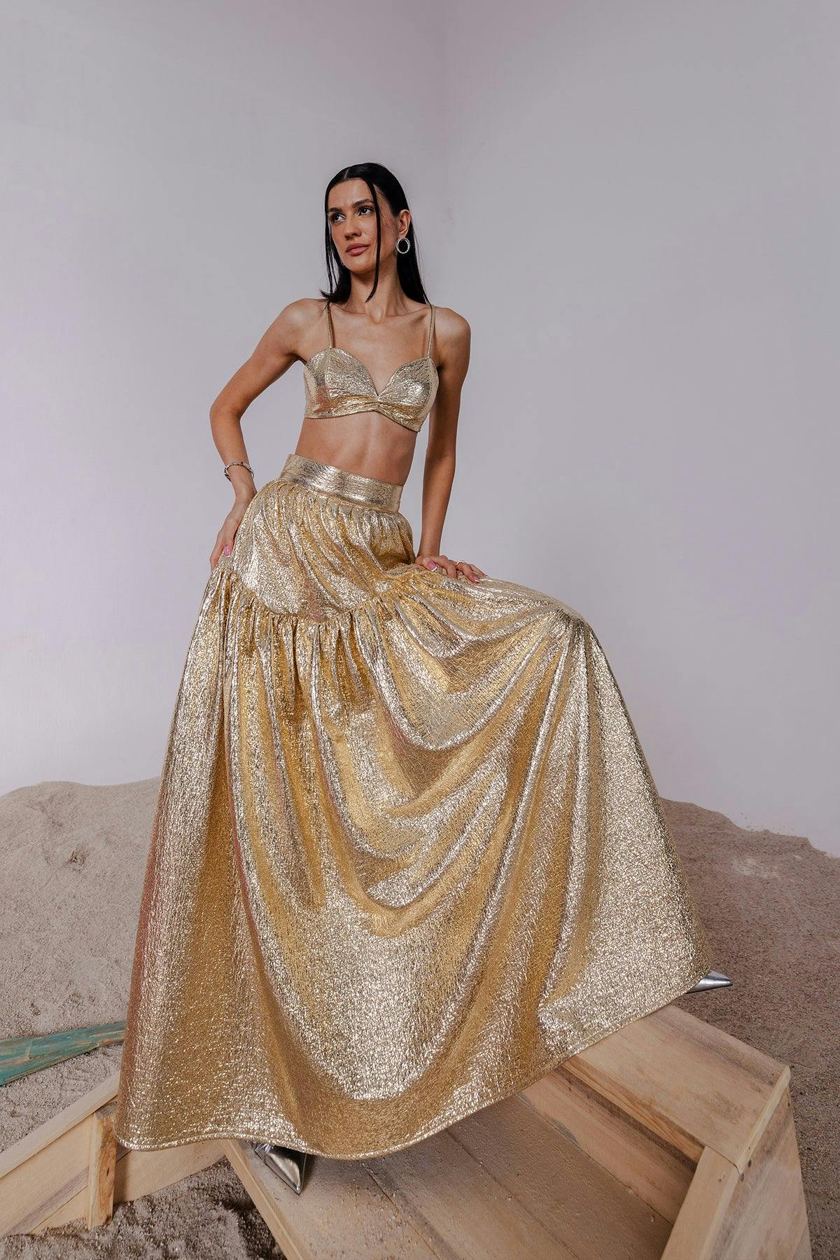 CAIA GOLD METALLIC BRALETTE & LONG SKIRT, a product by July Issue