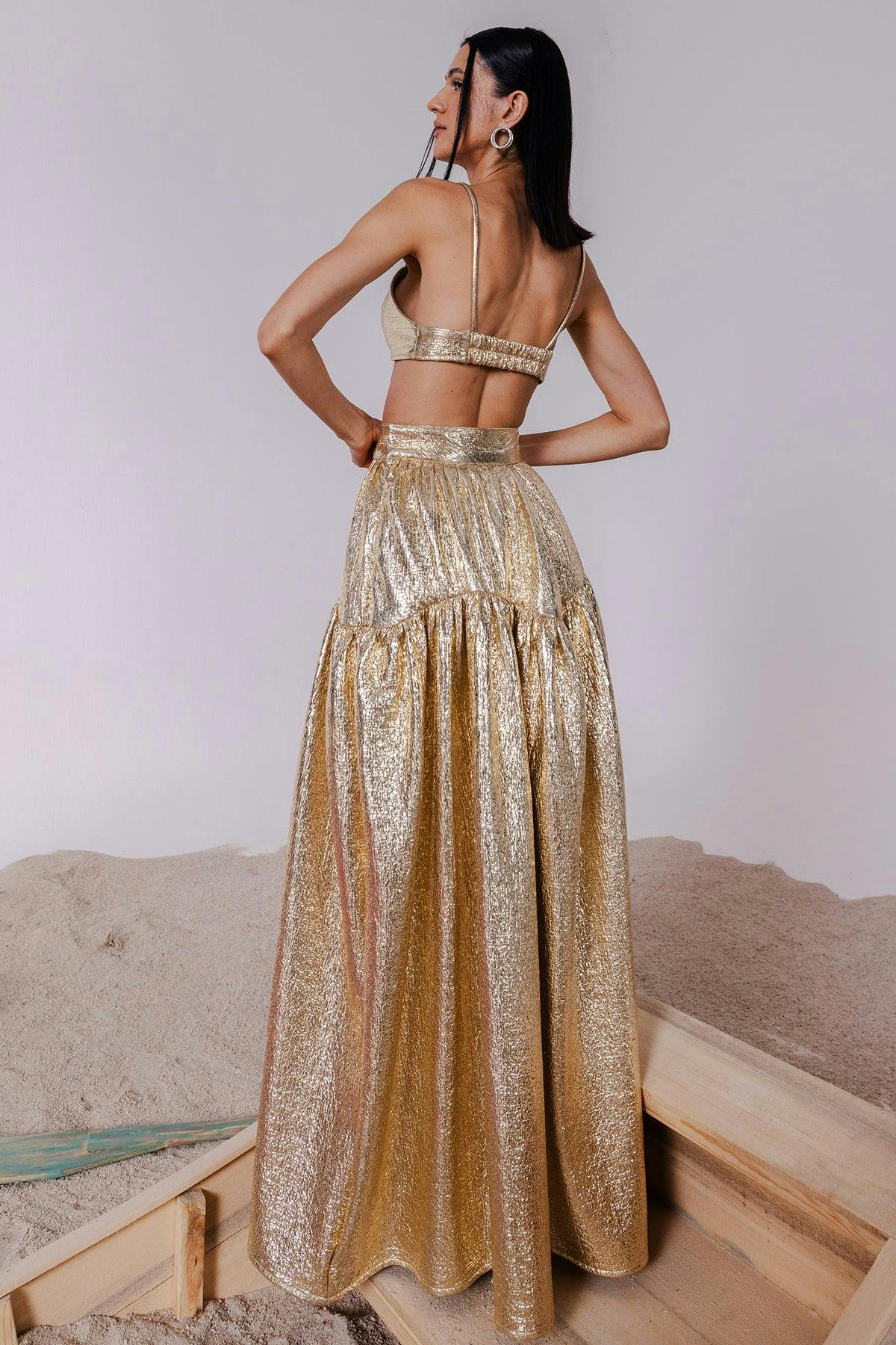 Thumbnail preview #5 for CAIA GOLD METALLIC BRALETTE & LONG SKIRT