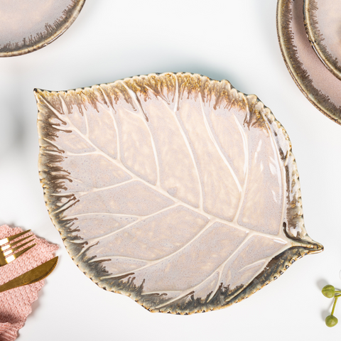 Pink Color Leaf-Shaped Platter with Brown Drops Border, a product by The Golden Theory