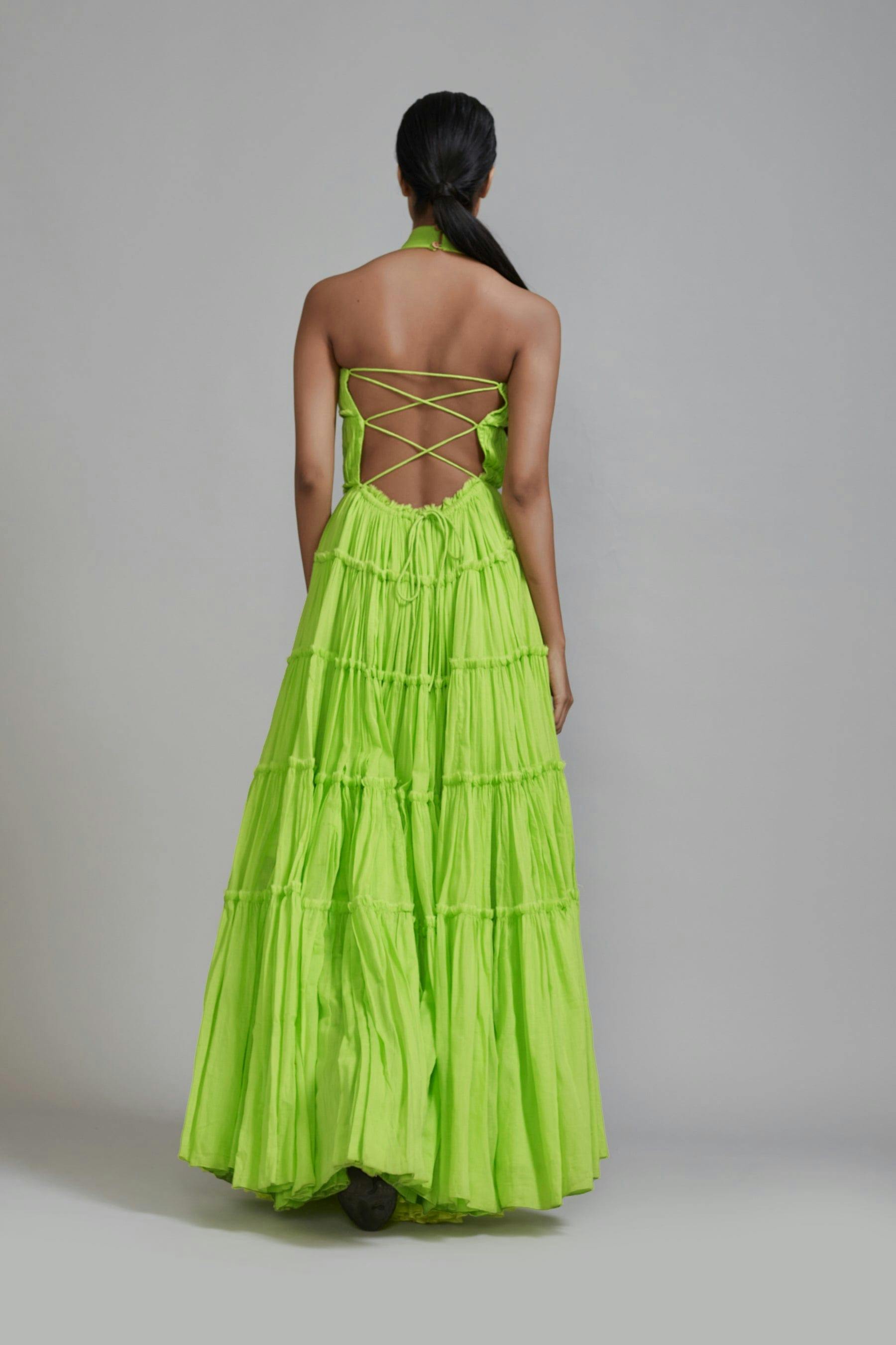 Thumbnail preview #1 for Neon Green Backless Tiered Gown