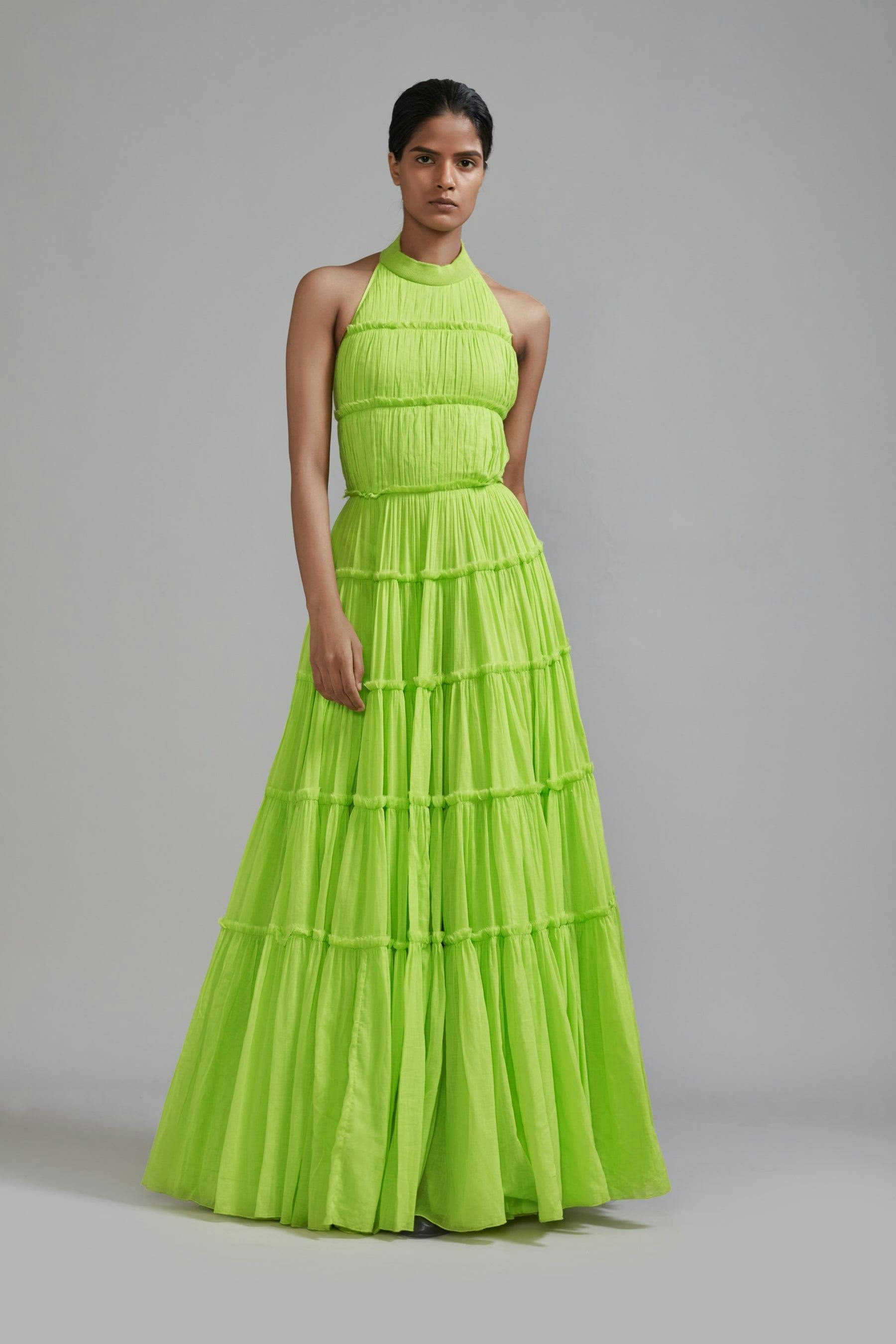 Neon Green Backless Tiered Gown, a product by Style Mati