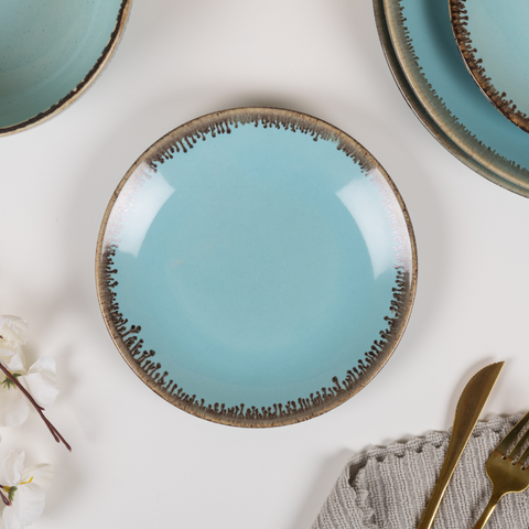 Blue Color Dinner Set with Brown Drops Border - Set of 4, a product by The Golden Theory