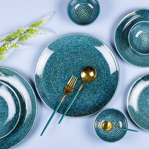 Blue Color Dinner Set with Spiral Design - Set of 12, a product by The Golden Theory