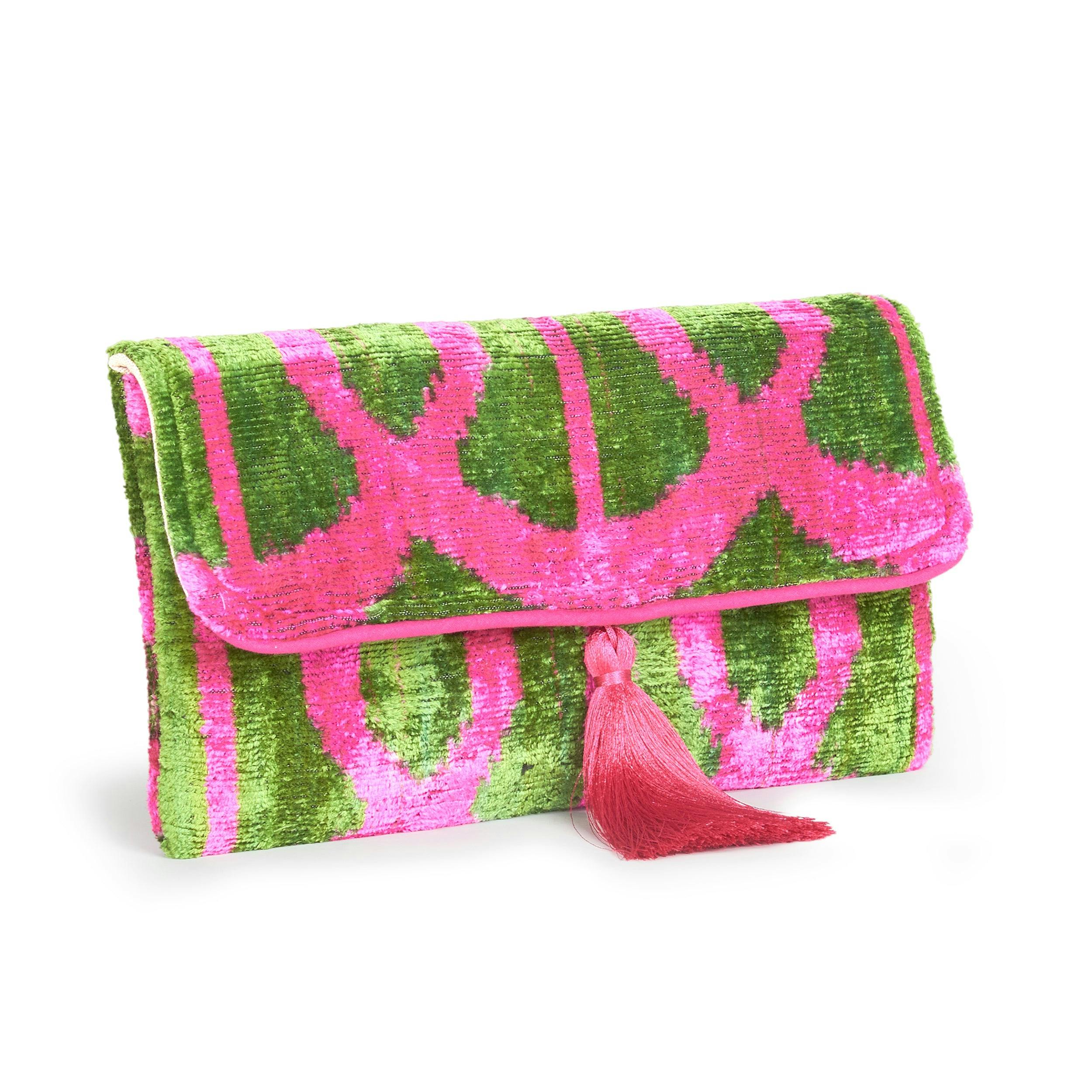 Thumbnail preview #1 for Hot Pink & Green Velvet Silk Fold Over Clutch