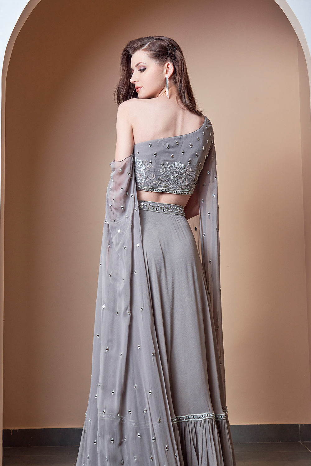 Thumbnail preview #3 for Mirror Work Flower Motif Grey Lehenga