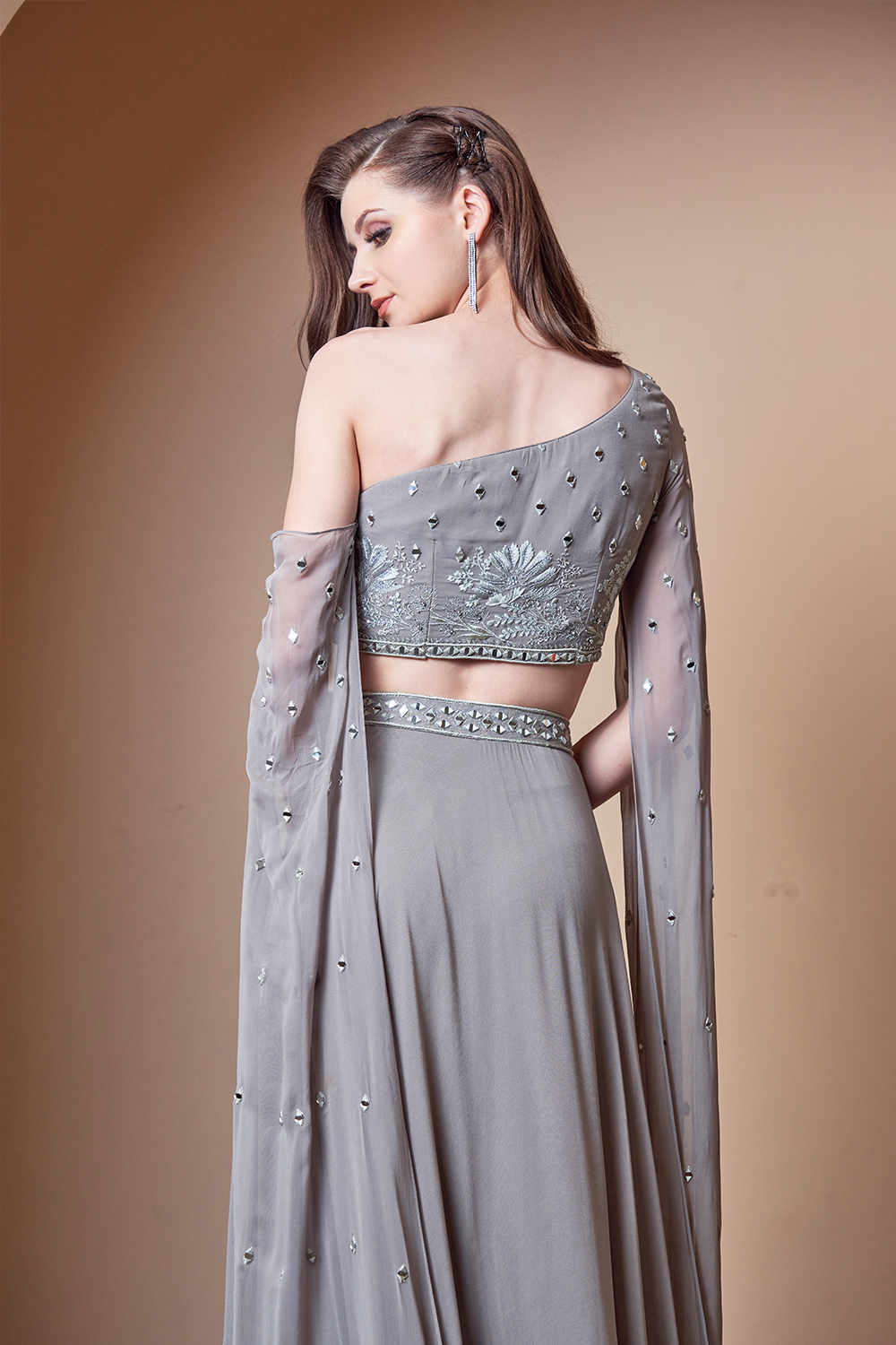 Thumbnail preview #4 for Mirror Work Flower Motif Grey Lehenga