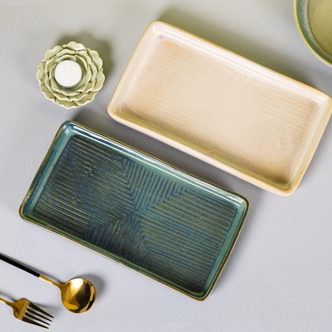 Green Color Rectangle Platter with Design, a product by The Golden Theory