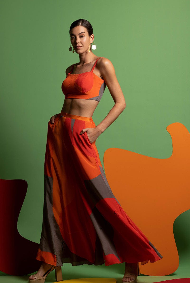 Thumbnail preview #1 for Orange-Grey-Red Women Bustier with Wide Legged Pants - ECLECTIC DREAM