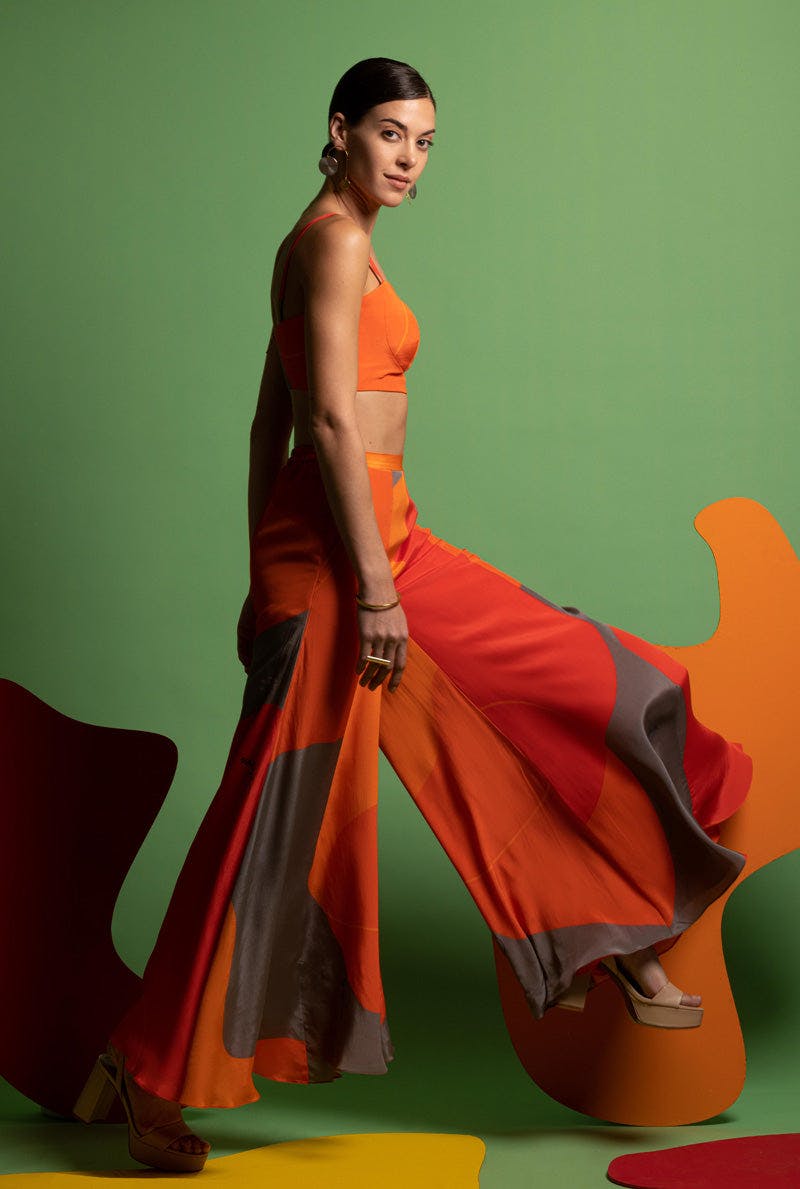 Thumbnail preview #3 for Orange-Grey-Red Women Bustier with Wide Legged Pants - ECLECTIC DREAM