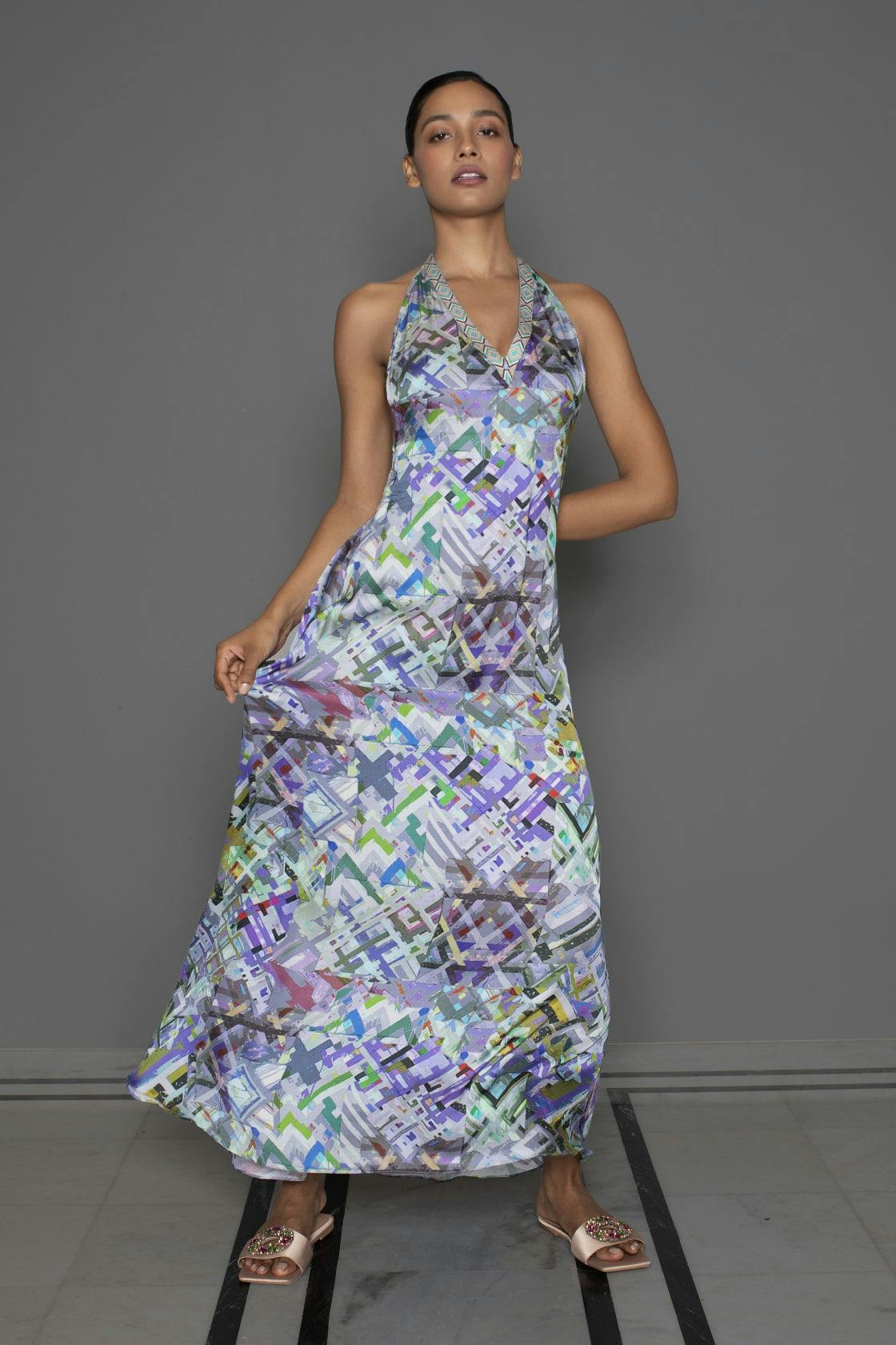 Abstract Lilac Halter Neck A-line Dress, a product by Redefine by RD