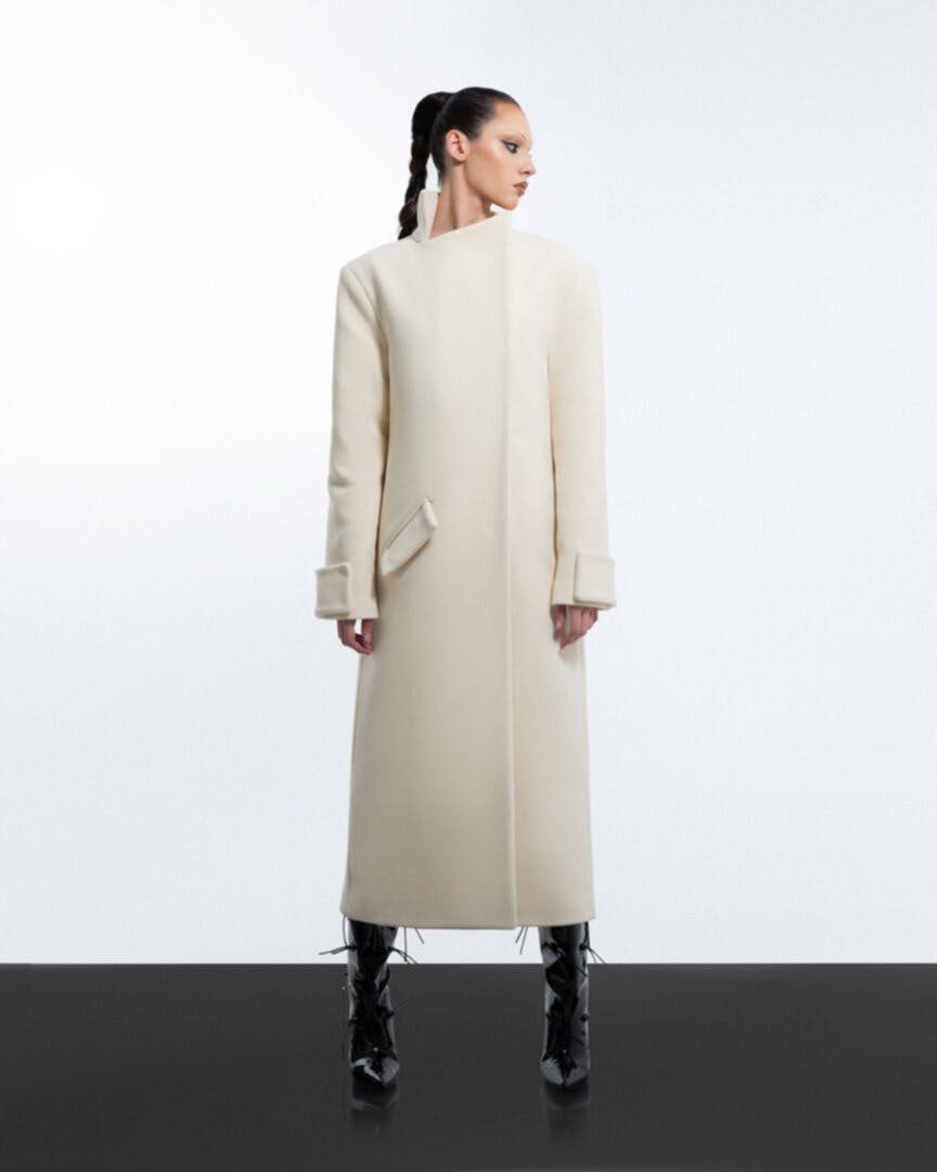 Milky white long coat, a product by BLIKVANGER