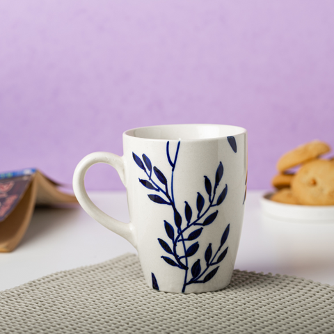 Thumbnail preview #4 for White Color Ceramic Coffee Mug with Blue Leaves and Branches Design