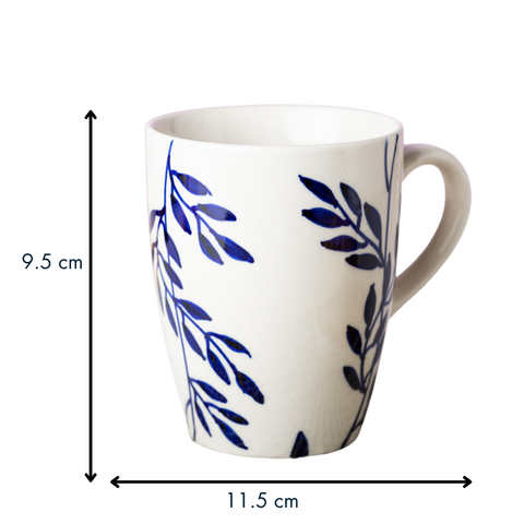 Thumbnail preview #1 for White Color Ceramic Coffee Mug with Blue Leaves and Branches Design