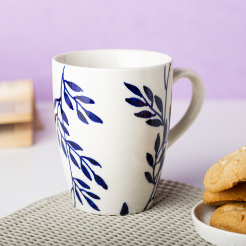 Thumbnail preview #3 for White Color Ceramic Coffee Mug with Blue Leaves and Branches Design