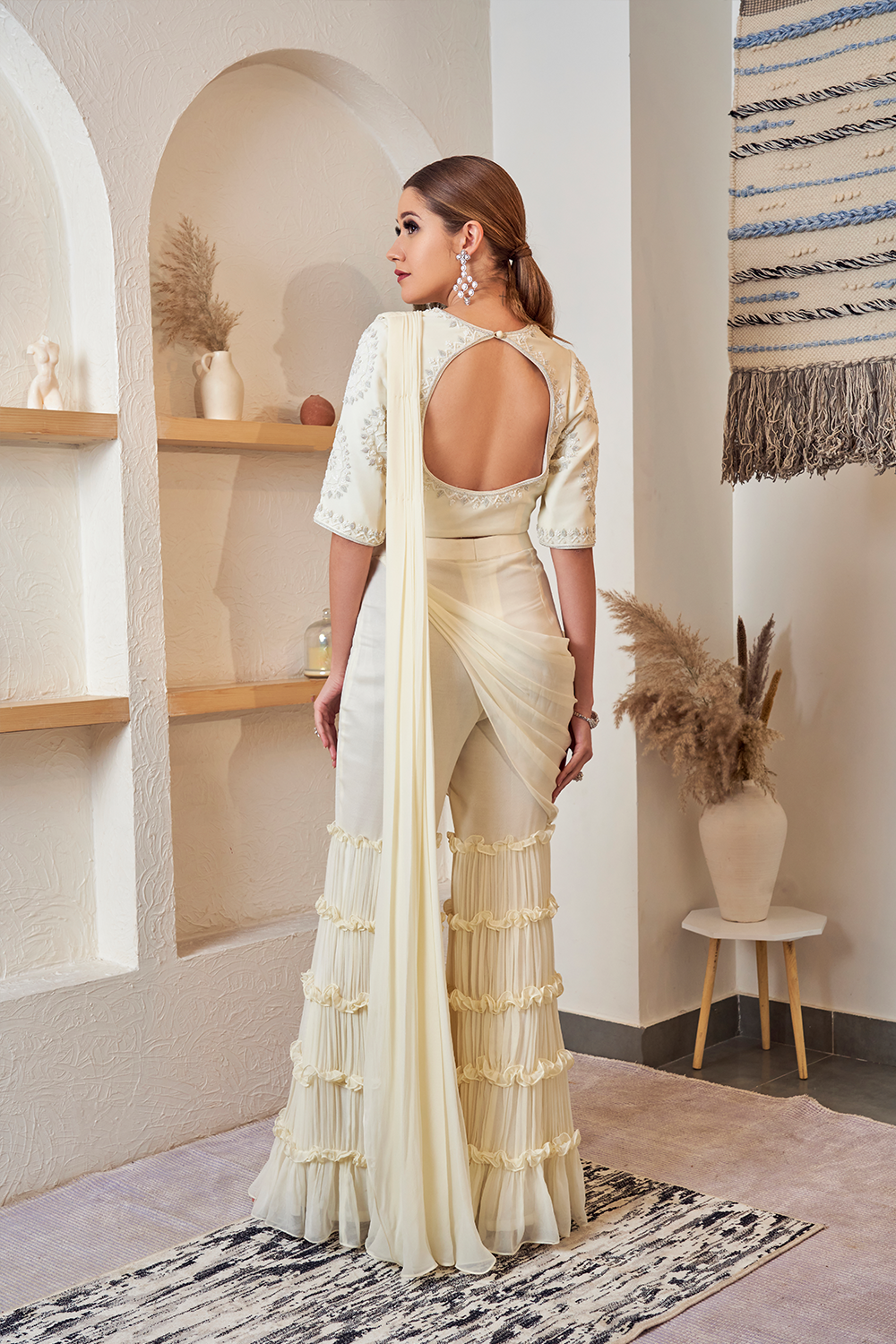 Thumbnail preview #1 for Off-White Frill Garara Saree