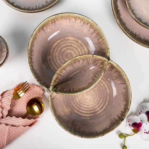 Pink Color Round Shaped Double Bowl with Brown Drops Border, a product by The Golden Theory