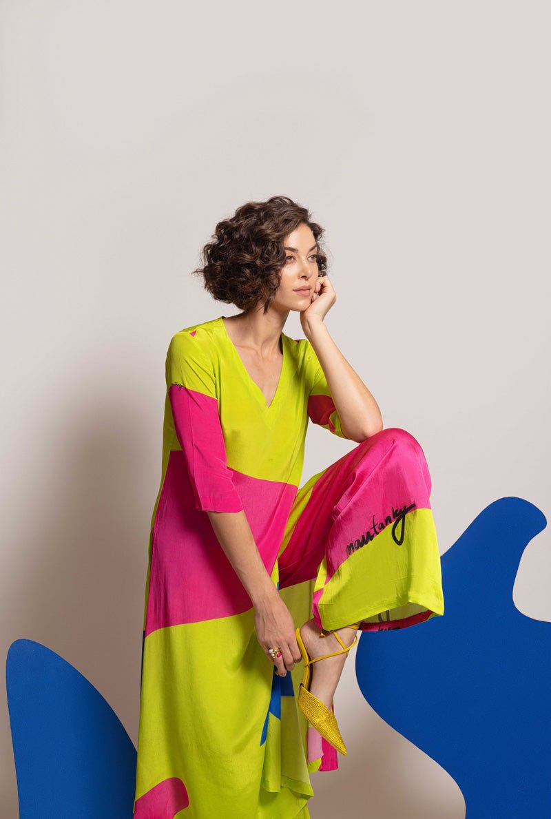 Thumbnail preview #3 for Lime-hot pink-blue Women Tunic with wide leg pants - HIGH END HYGGE