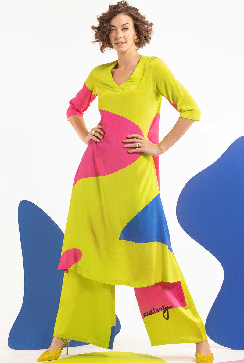 Lime-hot pink-blue Women Tunic with wide leg pants - HIGH END HYGGE, a product by Nautanky