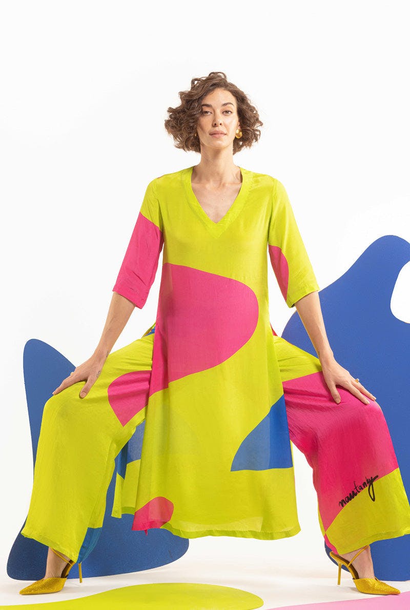 Thumbnail preview #1 for Lime-hot pink-blue Women Tunic with wide leg pants - HIGH END HYGGE