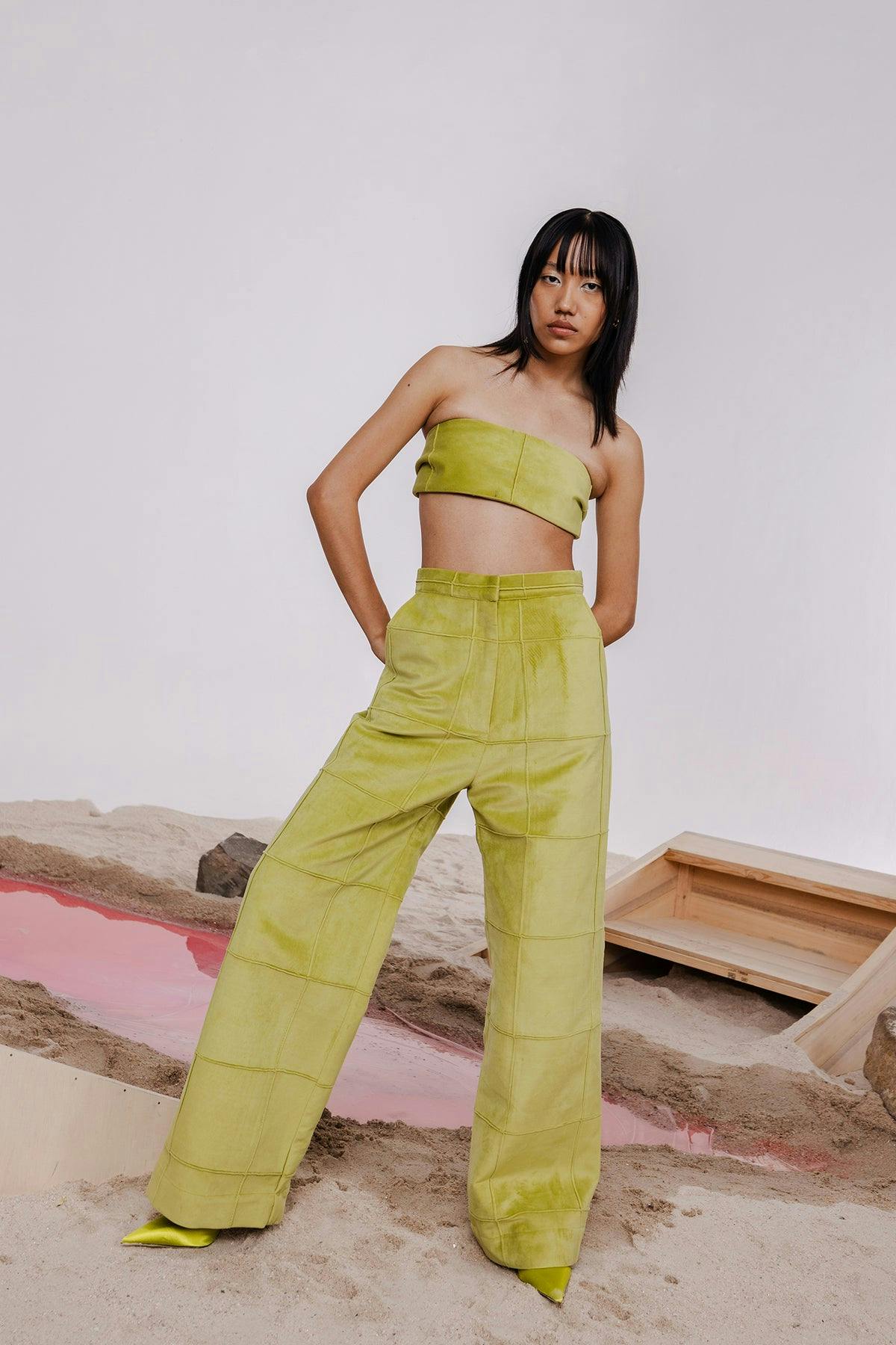 COVA PEA GREEN BOMBER JACKET WITH BANDEAU & PANTS, a product by July Issue
