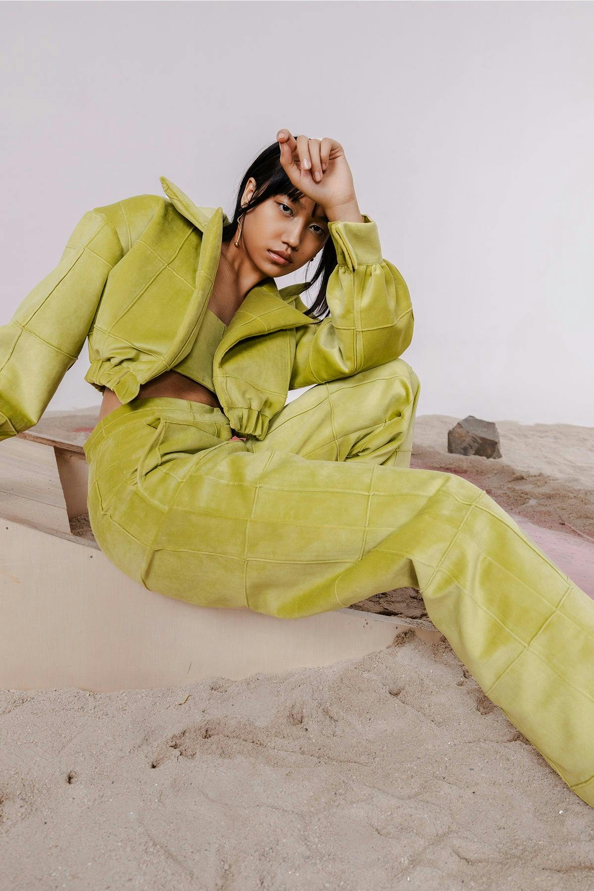 Thumbnail preview #1 for COVA PEA GREEN BOMBER JACKET WITH BANDEAU & PANTS