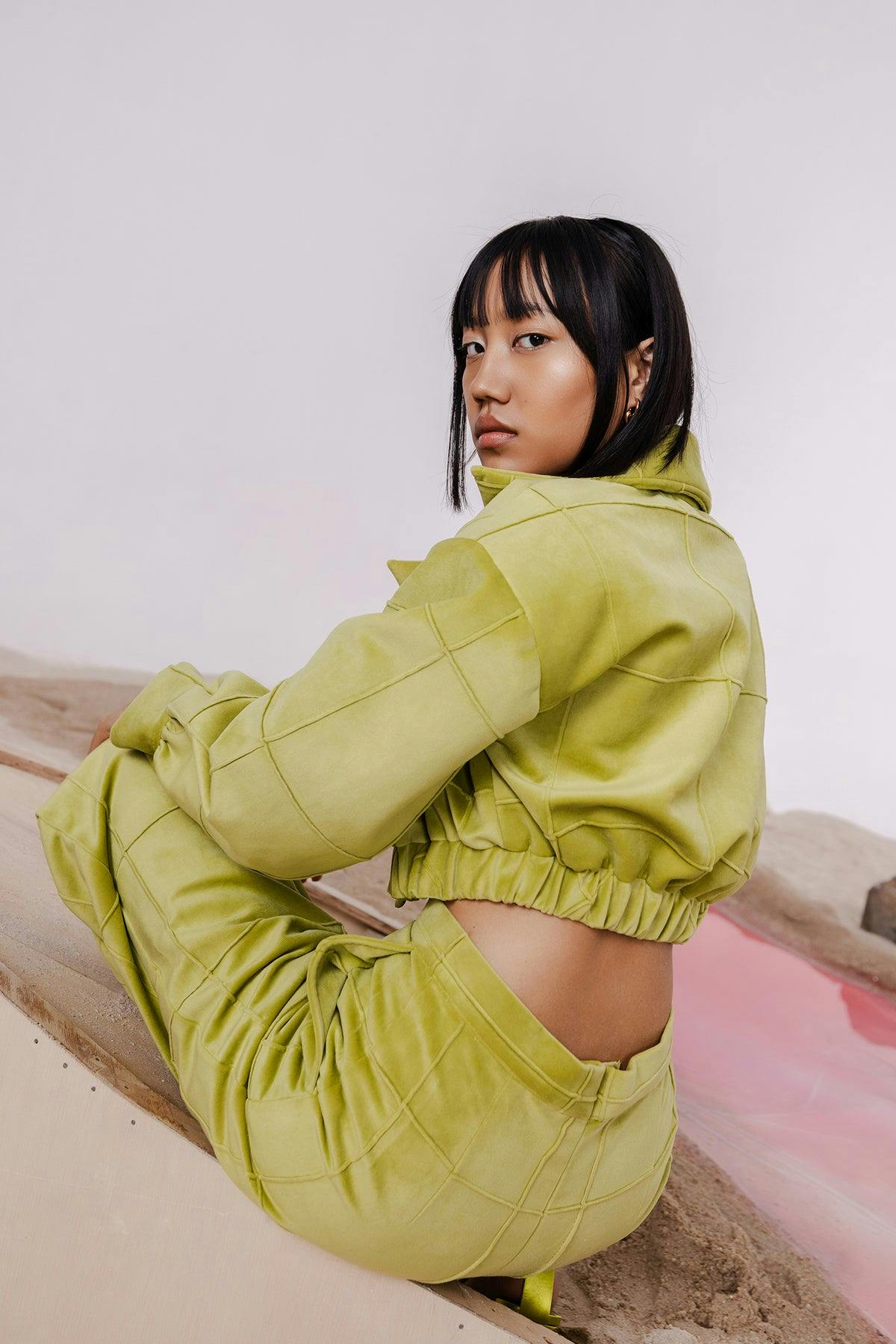 Thumbnail preview #2 for COVA PEA GREEN BOMBER JACKET WITH BANDEAU & PANTS