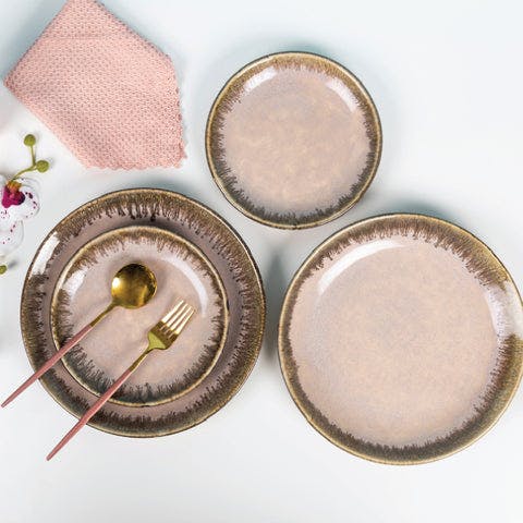 Pink Color Dinner Set with Brown Drops Border - Set of 12, a product by The Golden Theory