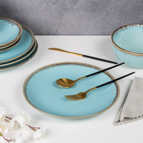 Blue Color Dinner Set with Brown Drops Border - Set of 19, a product by The Golden Theory