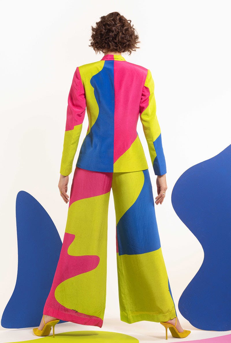 Thumbnail preview #3 for Lime-Hot Pink-Blue Women Blazer With Wide Leg Pants - DOUBLE UP