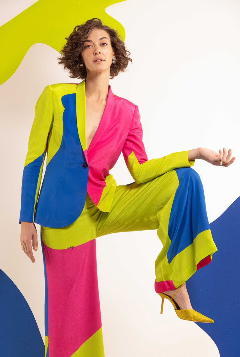 Thumbnail preview #2 for Lime-Hot Pink-Blue Women Blazer With Wide Leg Pants - DOUBLE UP