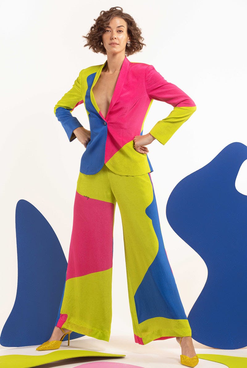 Thumbnail preview #1 for Lime-Hot Pink-Blue Women Blazer With Wide Leg Pants - DOUBLE UP