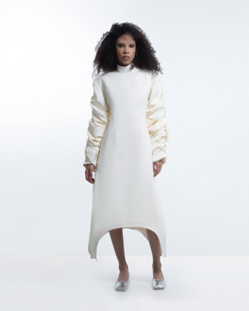 Milky white crumple-sleeve dress, a product by BLIKVANGER