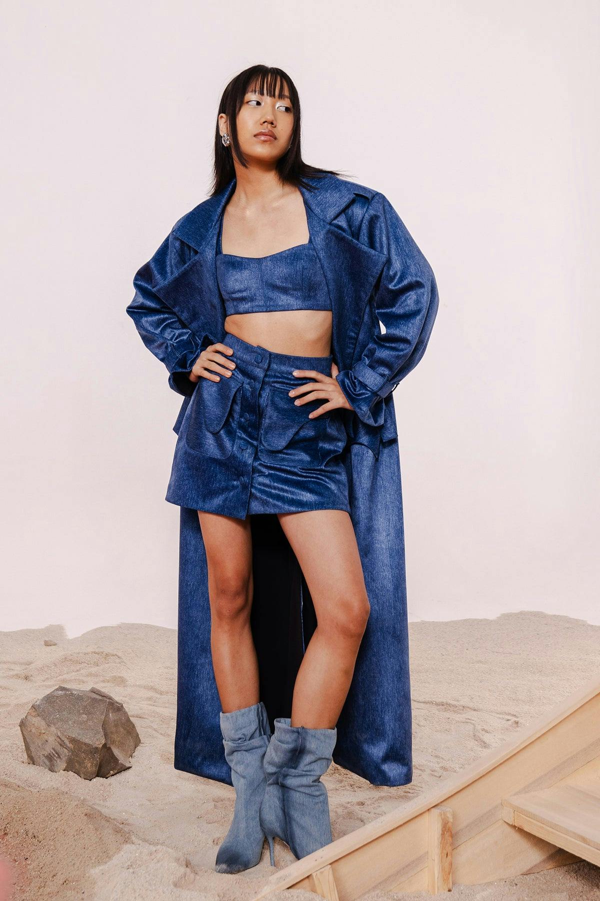 Thumbnail preview #1 for TAVI INDIGO TRENCH COAT WITH MATCHING BANDEAU & MINI SKIRT