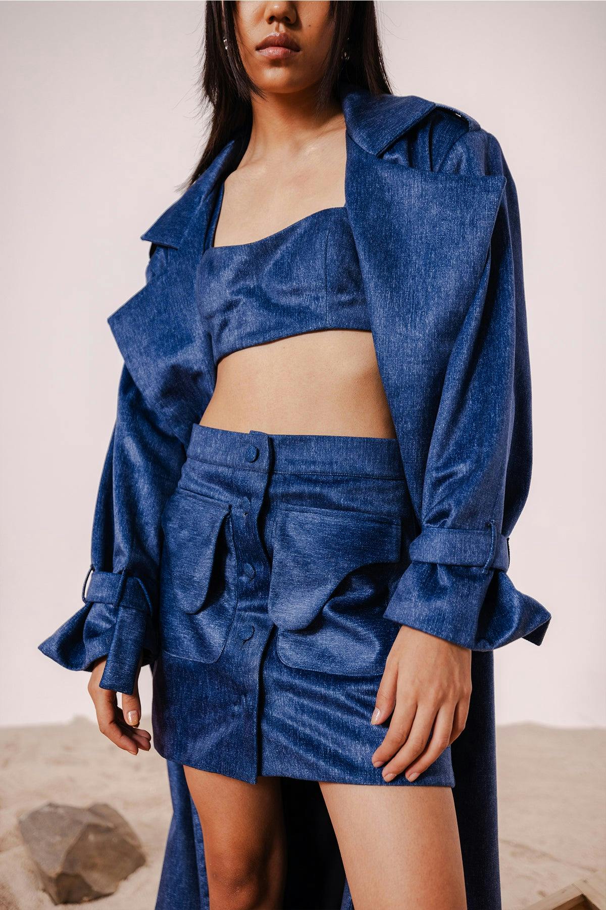 Thumbnail preview #4 for TAVI INDIGO TRENCH COAT WITH MATCHING BANDEAU & MINI SKIRT