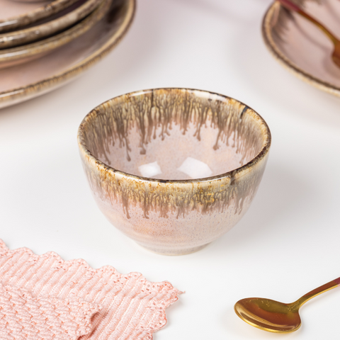 Pink Color Round-Shaped Small Bowl with Brown Drops Border, a product by The Golden Theory