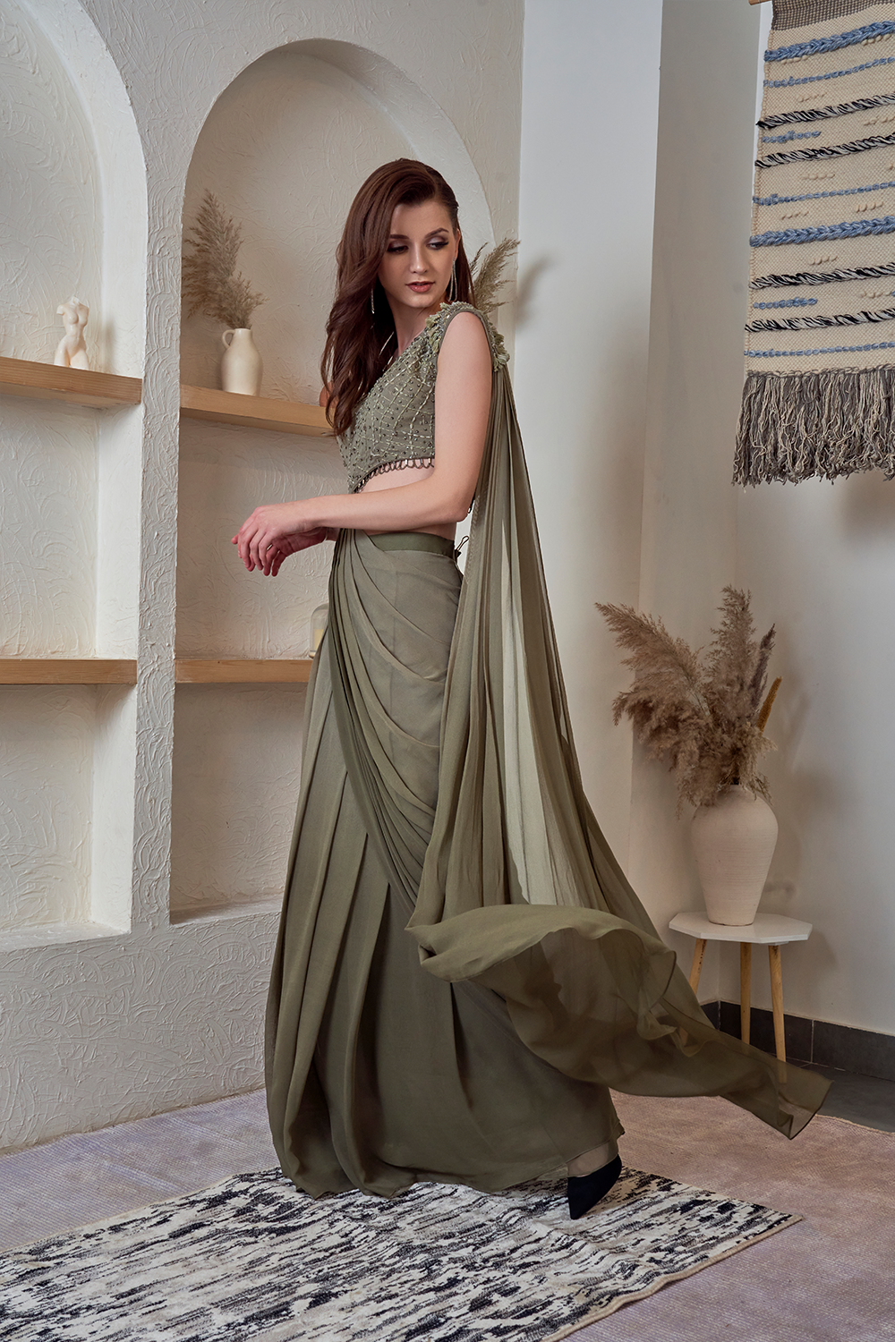 Thumbnail preview #2 for One Shoulder Anchot Thread Khaki Ombre Saree Gown