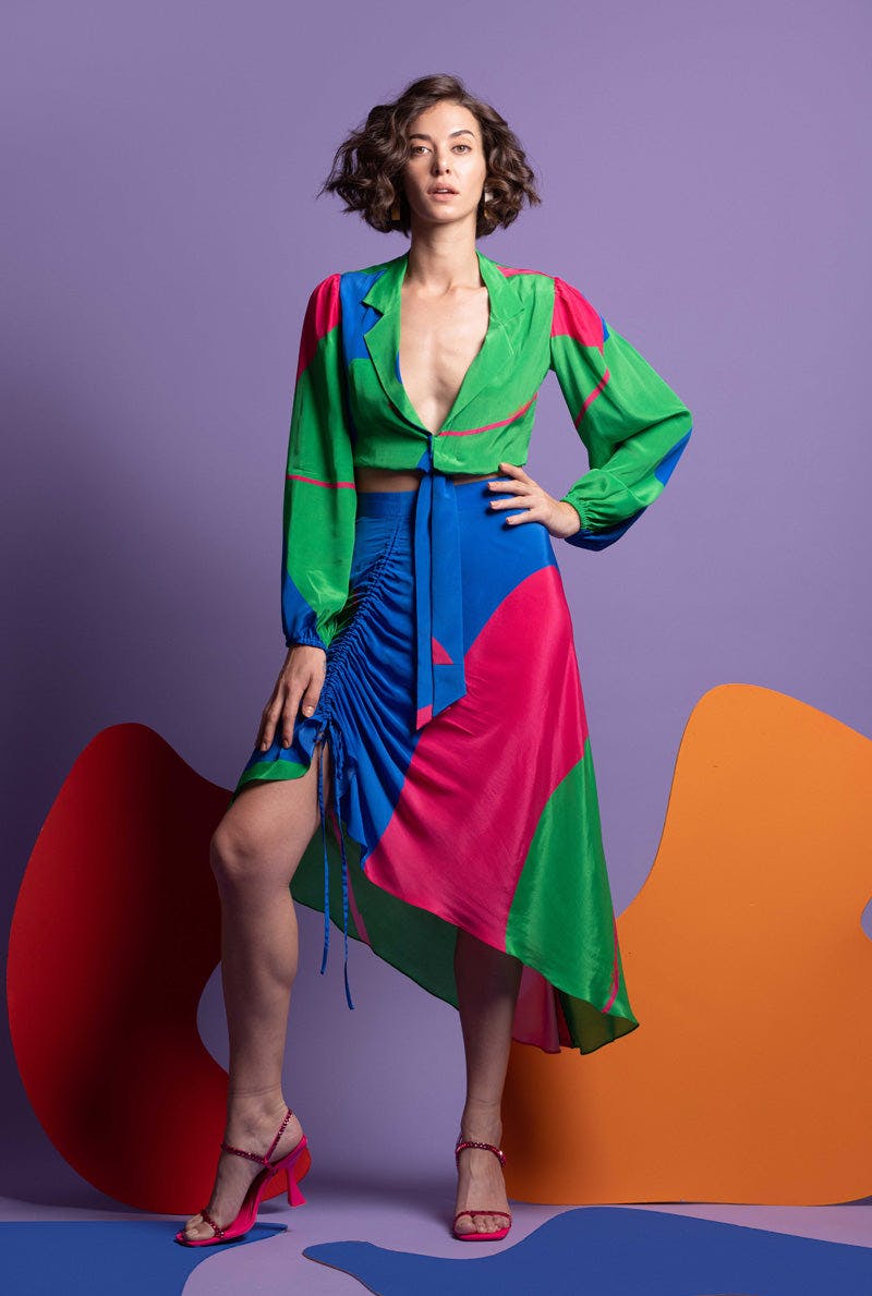 Thumbnail preview #0 for Green-hot Pink-Blue Women Crop Blazer top With Ruching Detailed Skirt - IT TAKES TWO