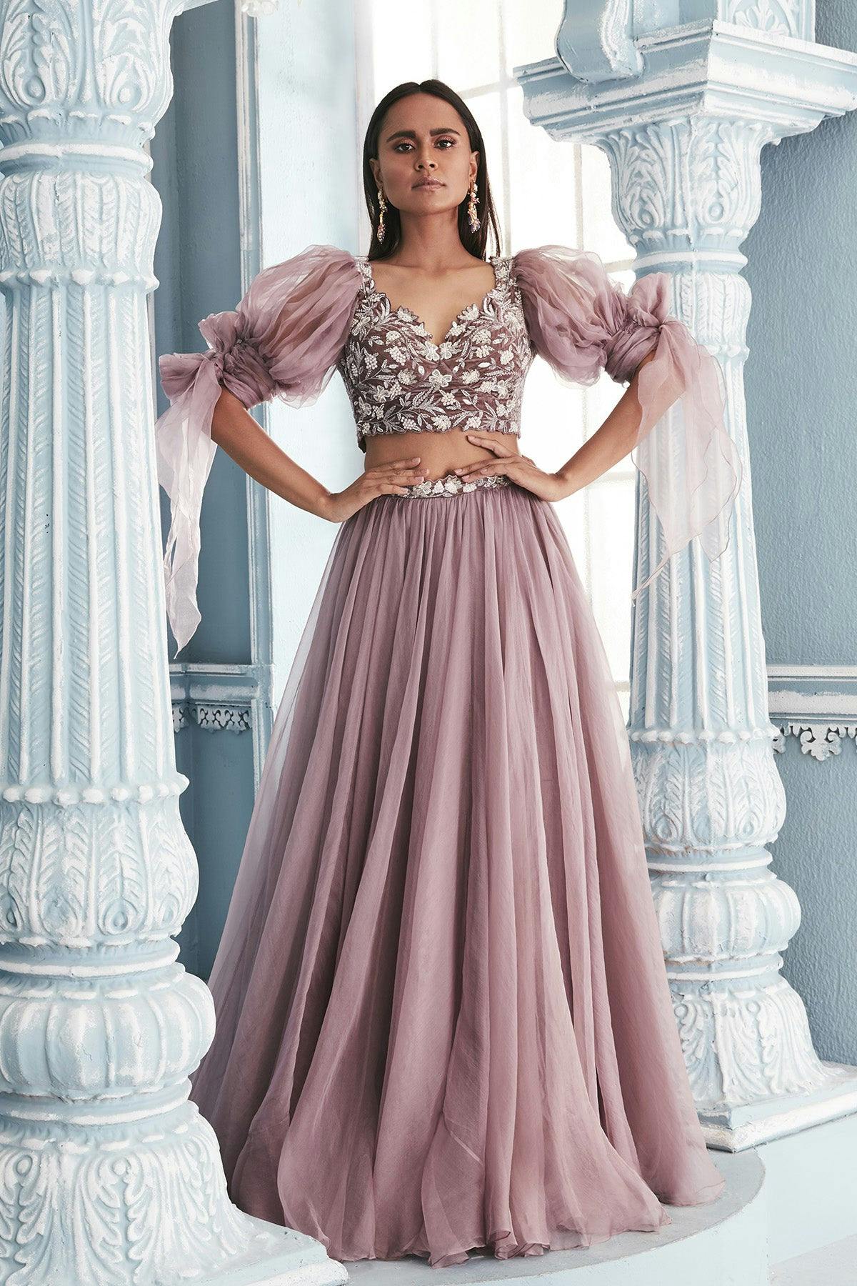 Thumbnail preview #0 for Full embellished blouse with organza lehenga set