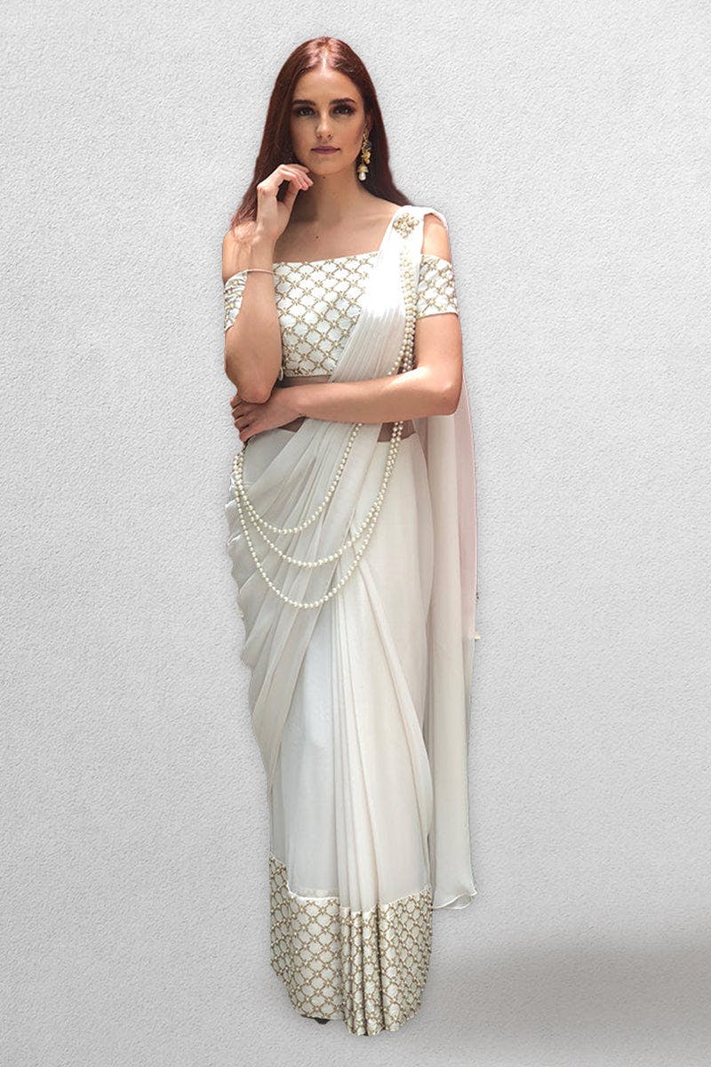 Thumbnail preview #2 for Off White Drape Saree