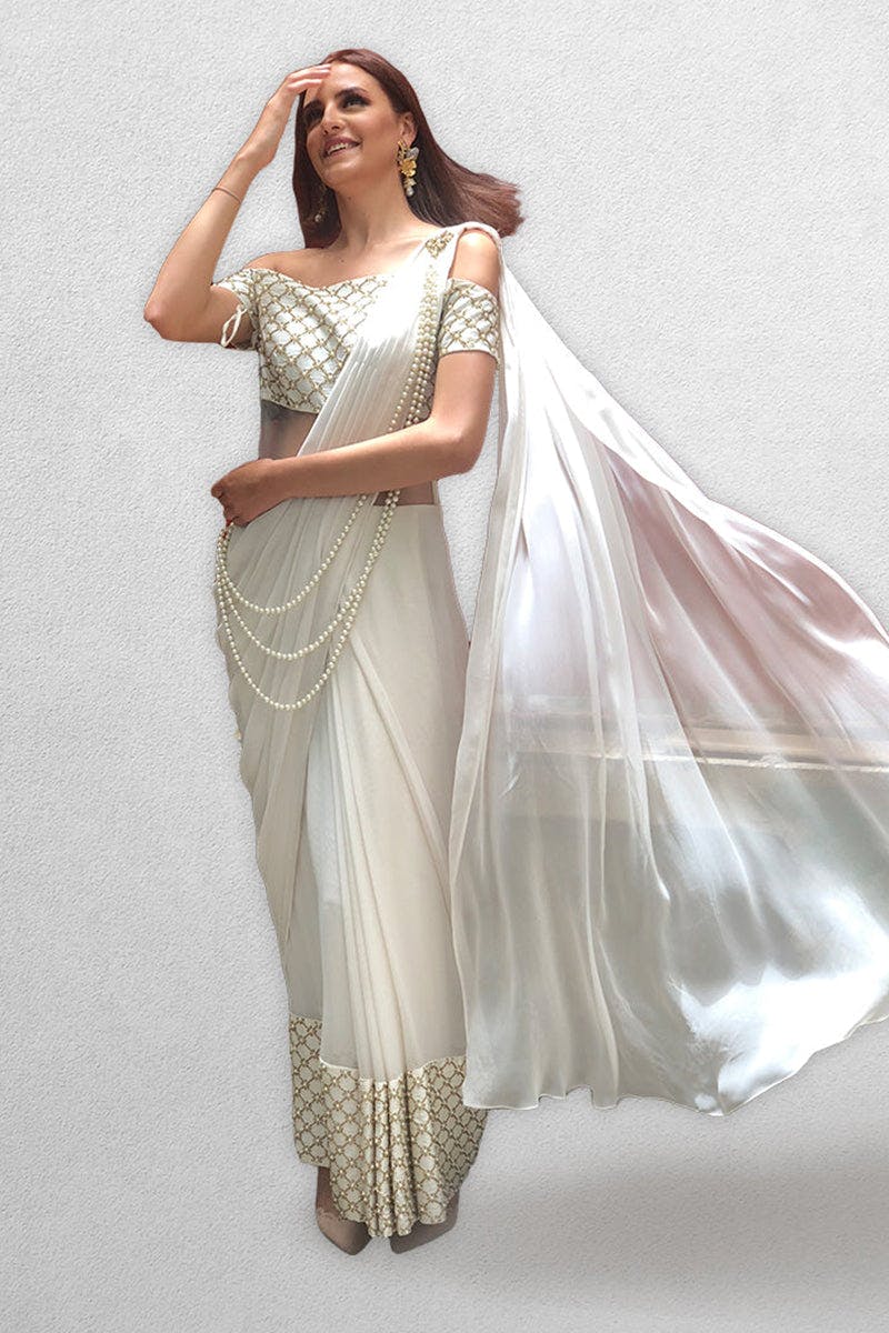 Thumbnail preview #1 for Off White Drape Saree