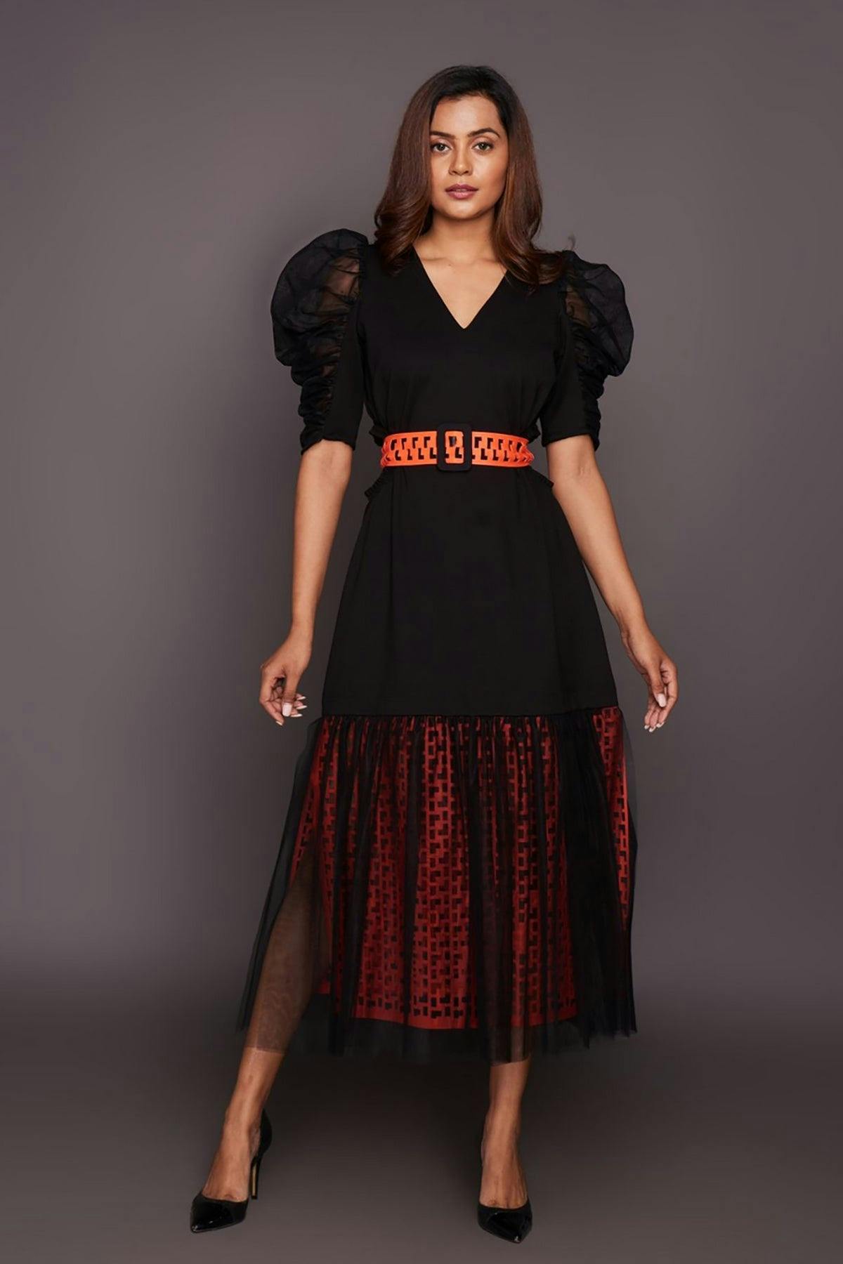  F2-1101-ORANGE - Black Neon Bottom Cutwork Dress With Belt, a product by Deepika Arora