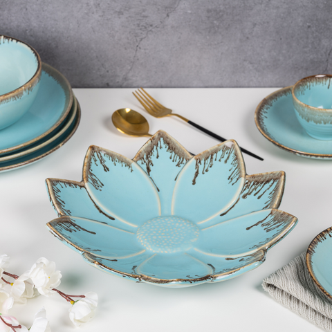 Blue Color Flower-Shaped Platter with Brown Drops Border, a product by The Golden Theory