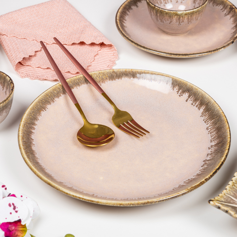 Thumbnail preview #6 for Pink Color Dinner Set with Brown Drops Border - Set of 26