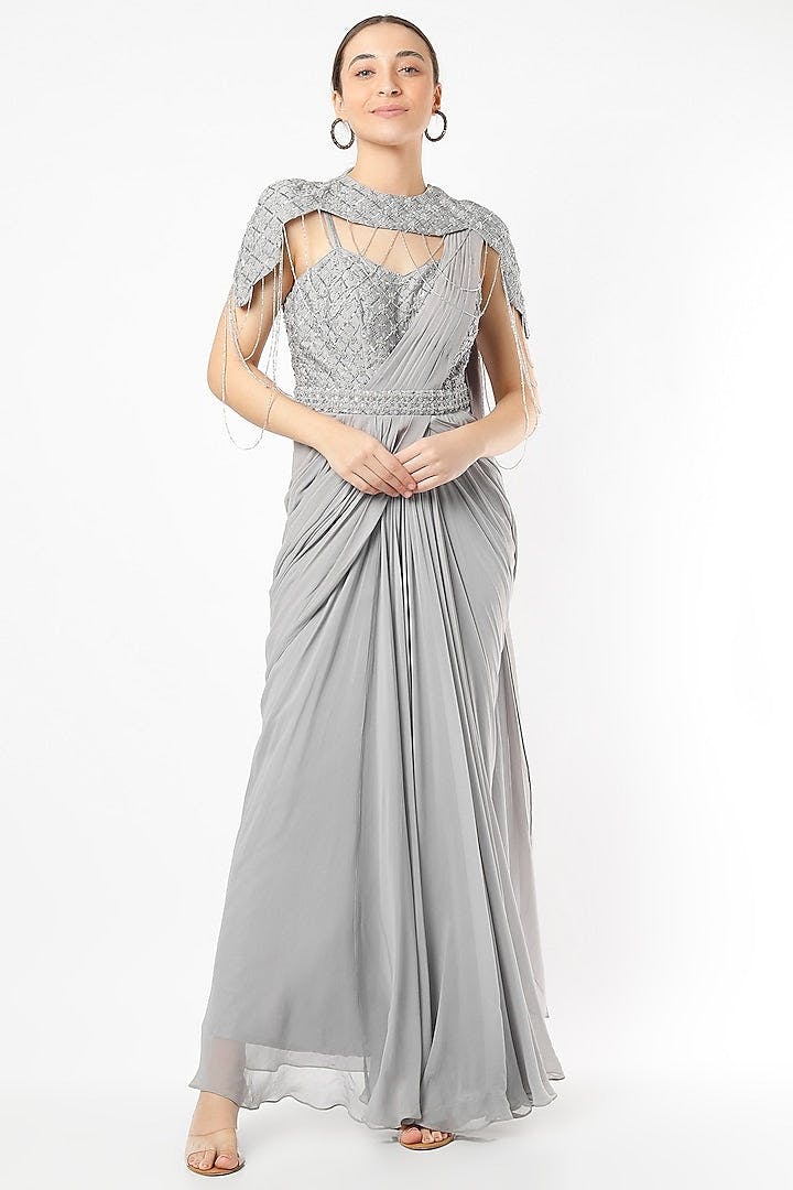 Grey Silk Georgette Embroidered Draped Saree Set, a product by JadebyAshima