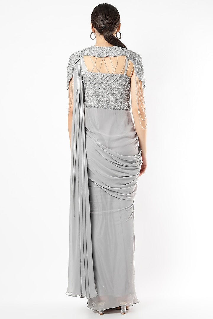 Thumbnail preview #1 for Grey Silk Georgette Embroidered Draped Saree Set