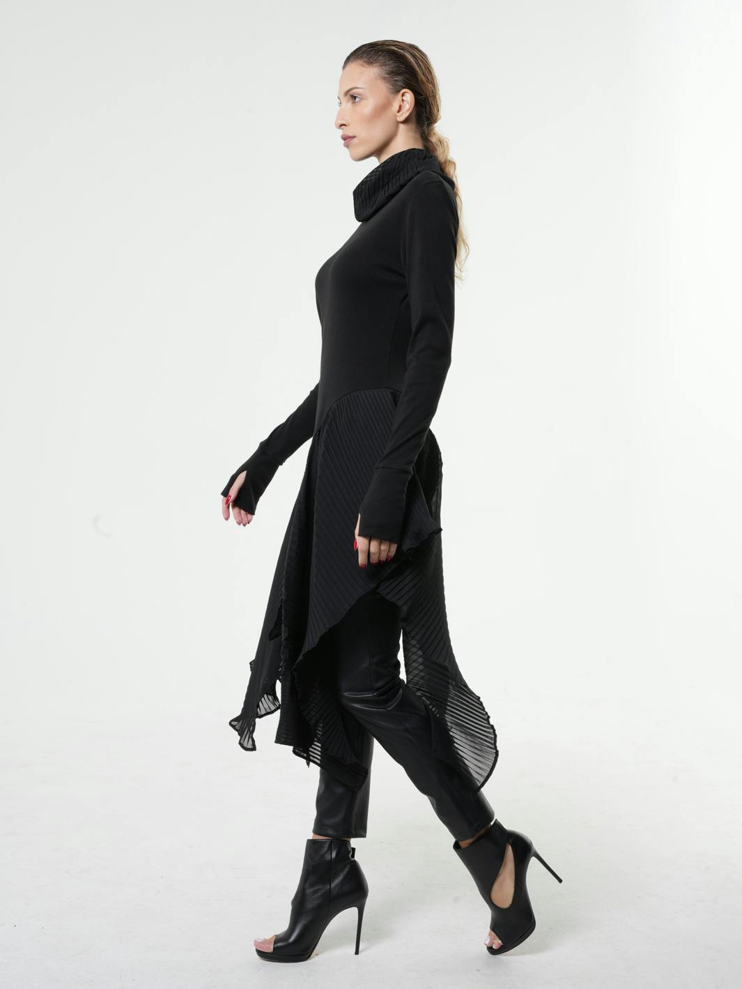 Thumbnail preview #3 for Turtleneck Black Tunic With Pleated Choffon Layer