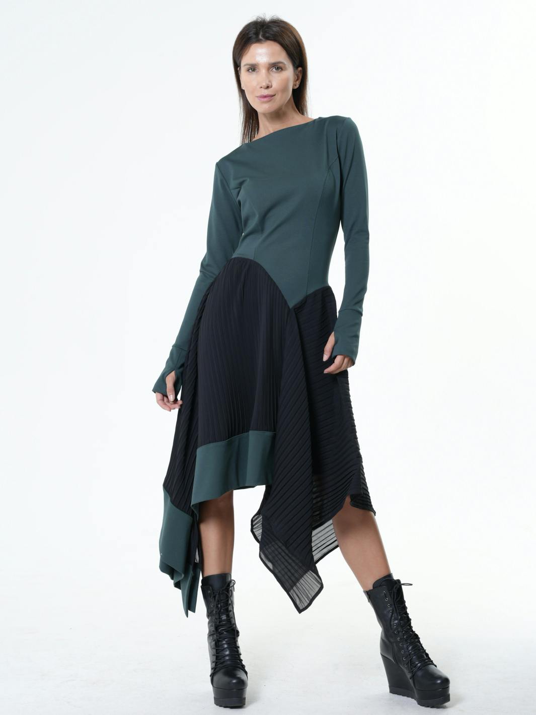 Thumbnail preview #0 for Asymmetric Dress In Petrol With Pleated Chiffon Layer 