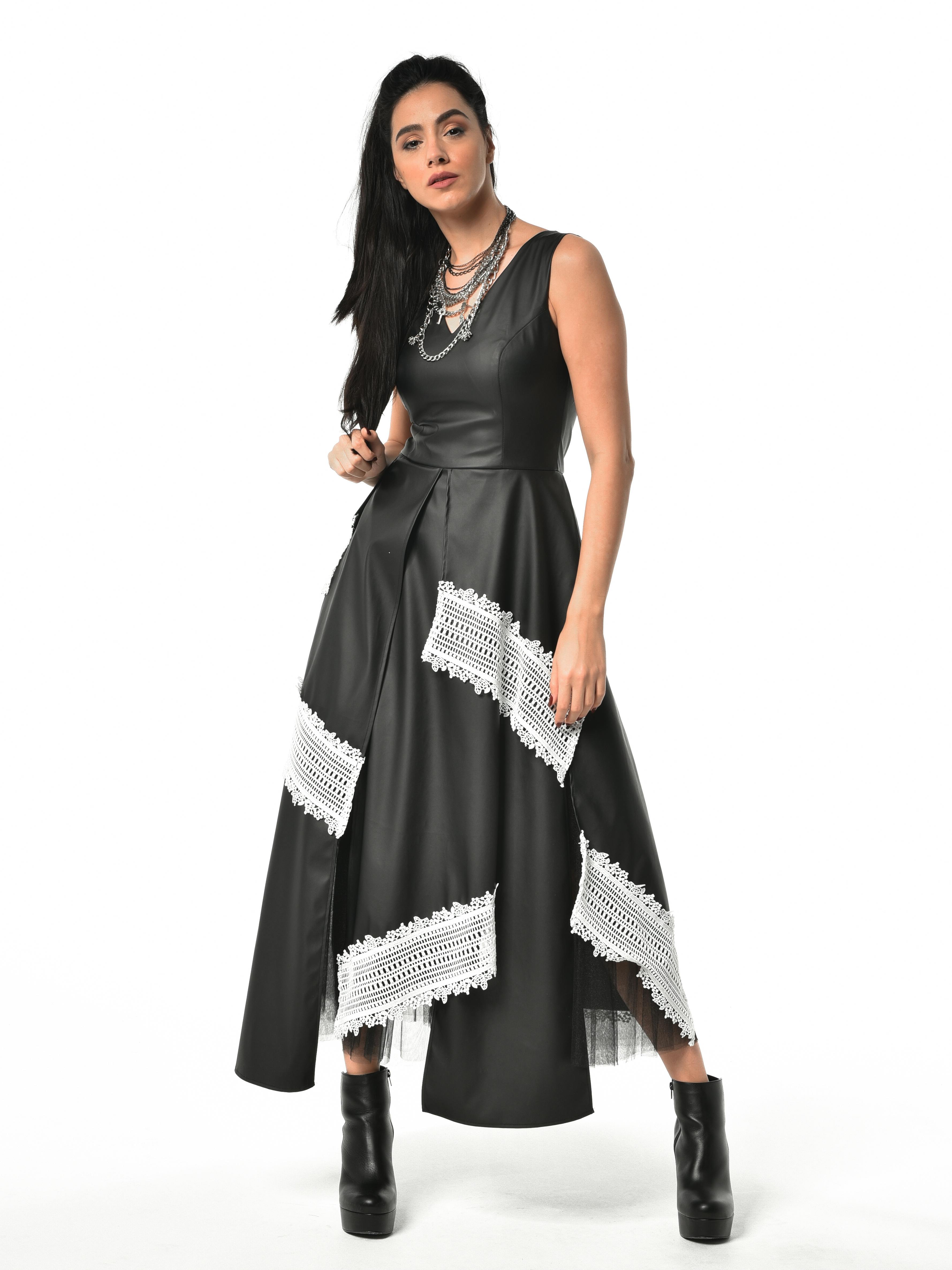 Thumbnail preview #0 for Black Vegan Leather Dress with Tulle and Lace