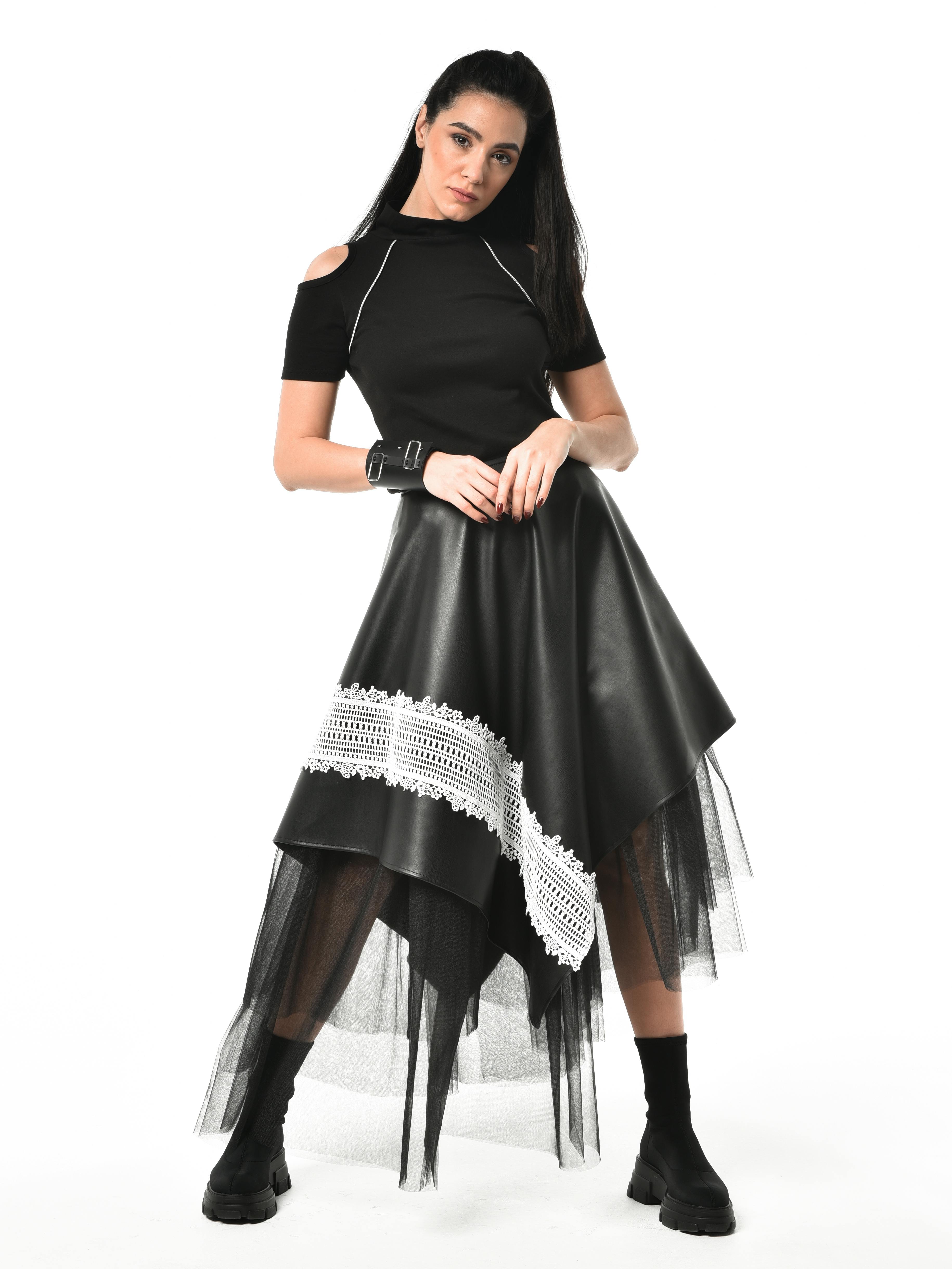 Vegan Leather Skirt With Tulle and Lace , a product by METAMORPHOZA